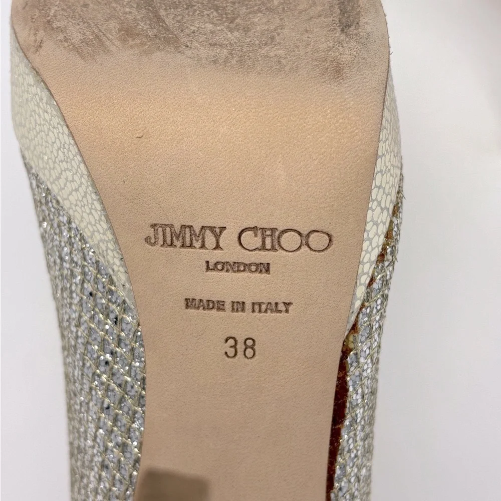 Jimmy Choo Crown Glitter Fabric Champagne Peep Toe Pumps Heels Size 38 - Picture 6 of 12